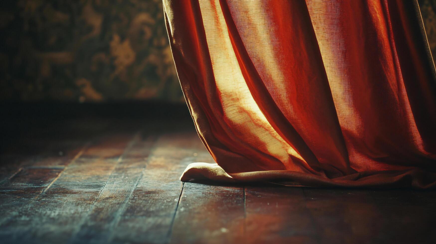 A curtain is hanging open in a room, letting in sunlight photo