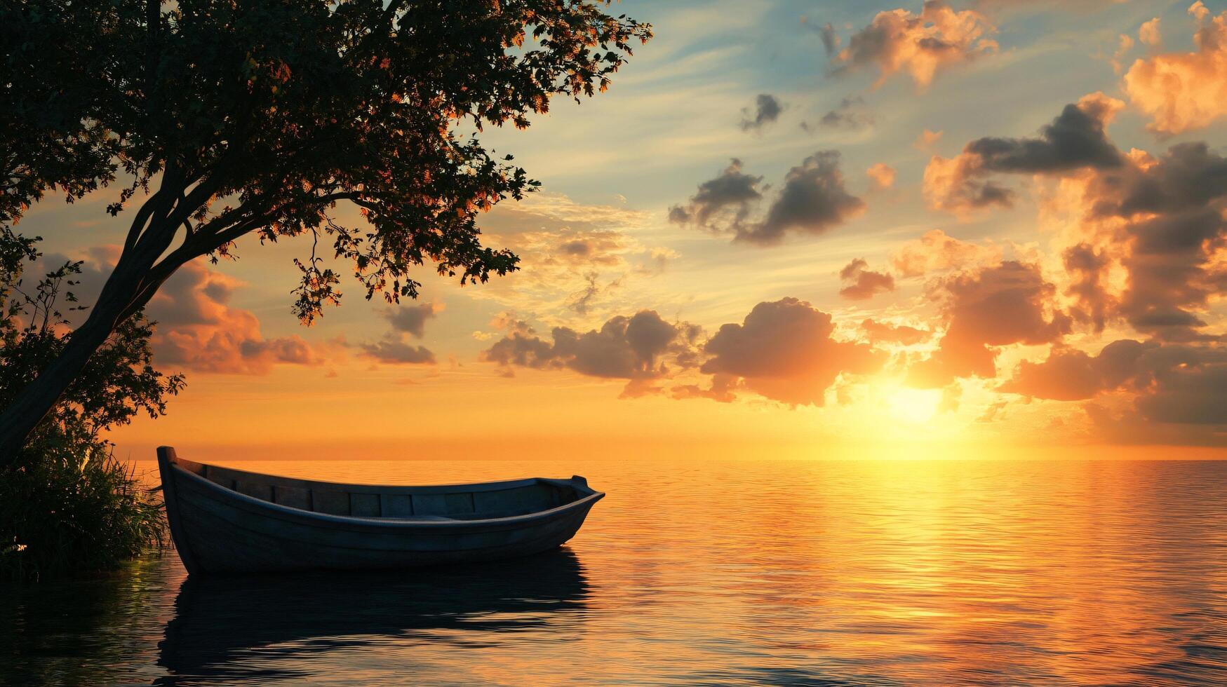 A boat is floating on a calm lake at sunset photo