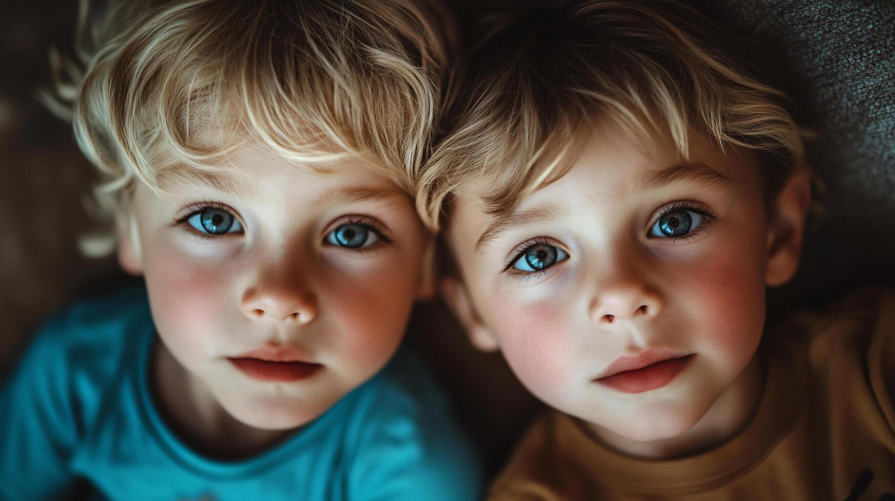 Two young boys with blonde hair and blue eyes are lying on their stomachs photo