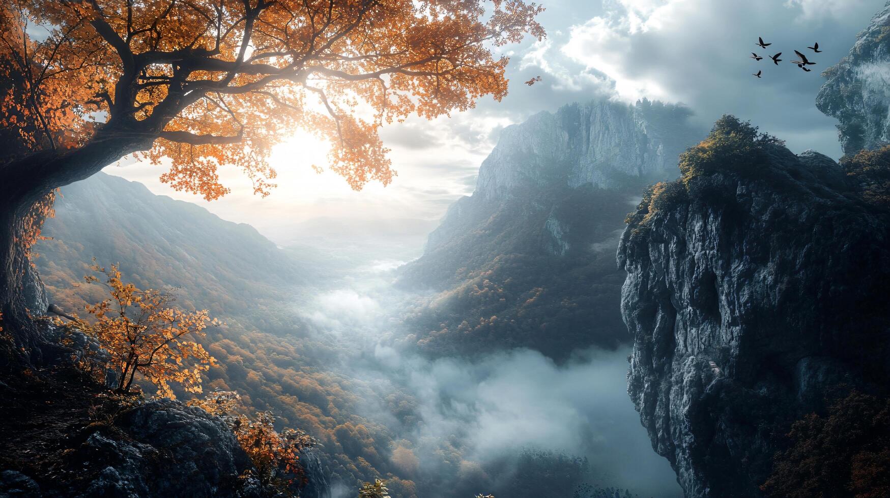 A mountain range with a tree in the foreground photo