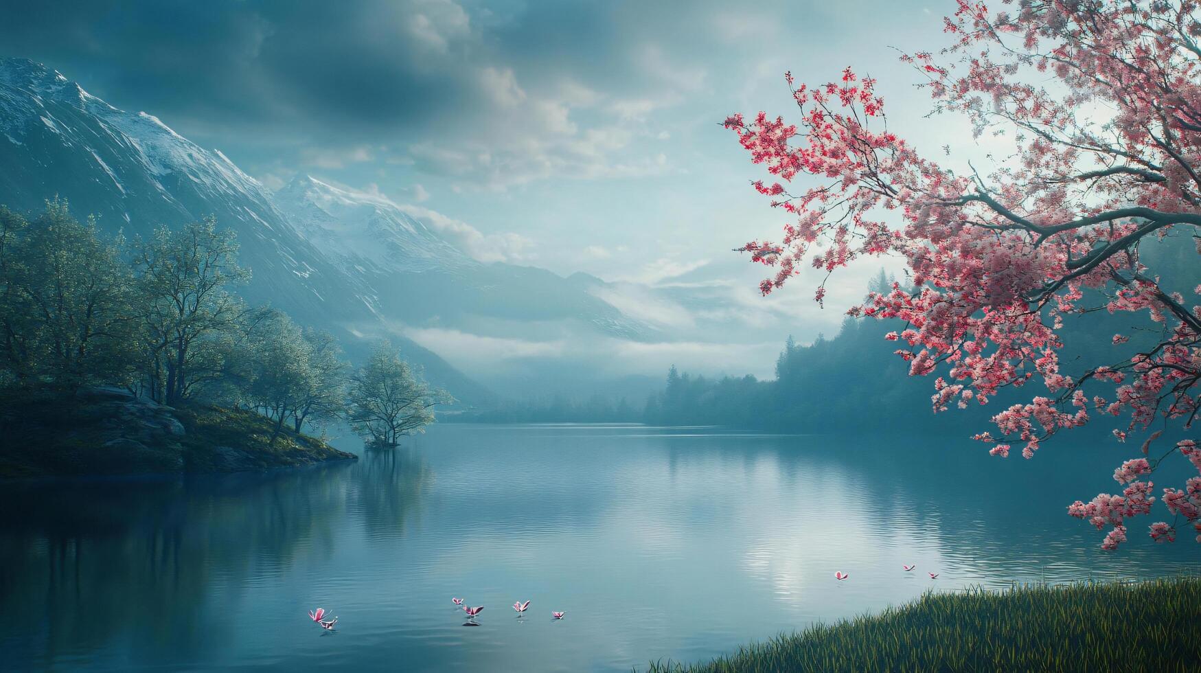 A serene landscape with a body of water and a tree with pink blossoms photo