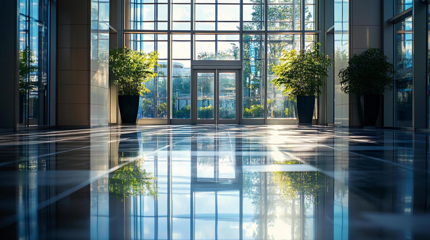 A large room with a lot of windows and a shiny floor photo