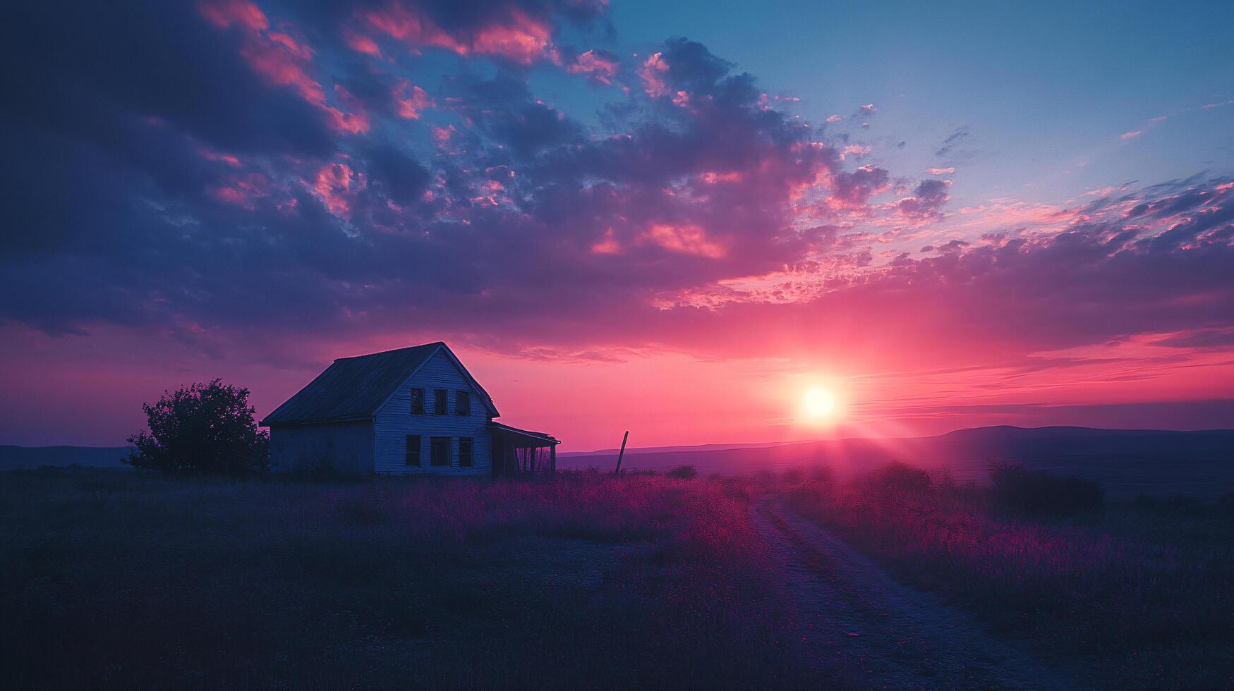 A small house is on a hill overlooking a field photo
