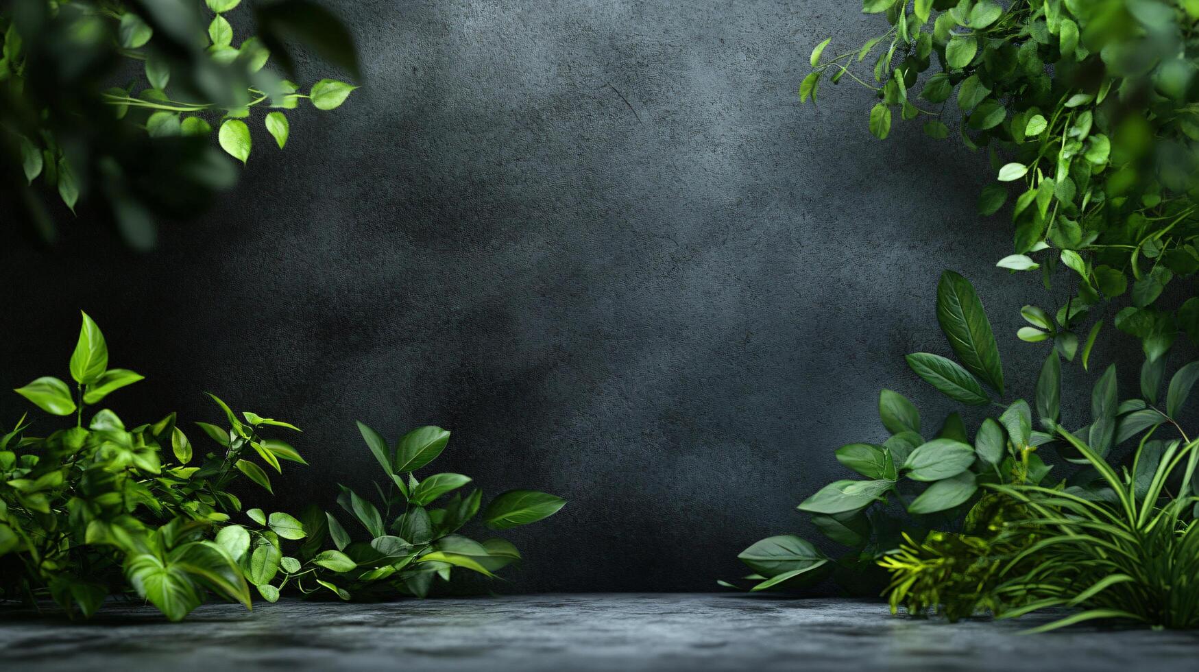 A wall with a green background and a bunch of leaves photo