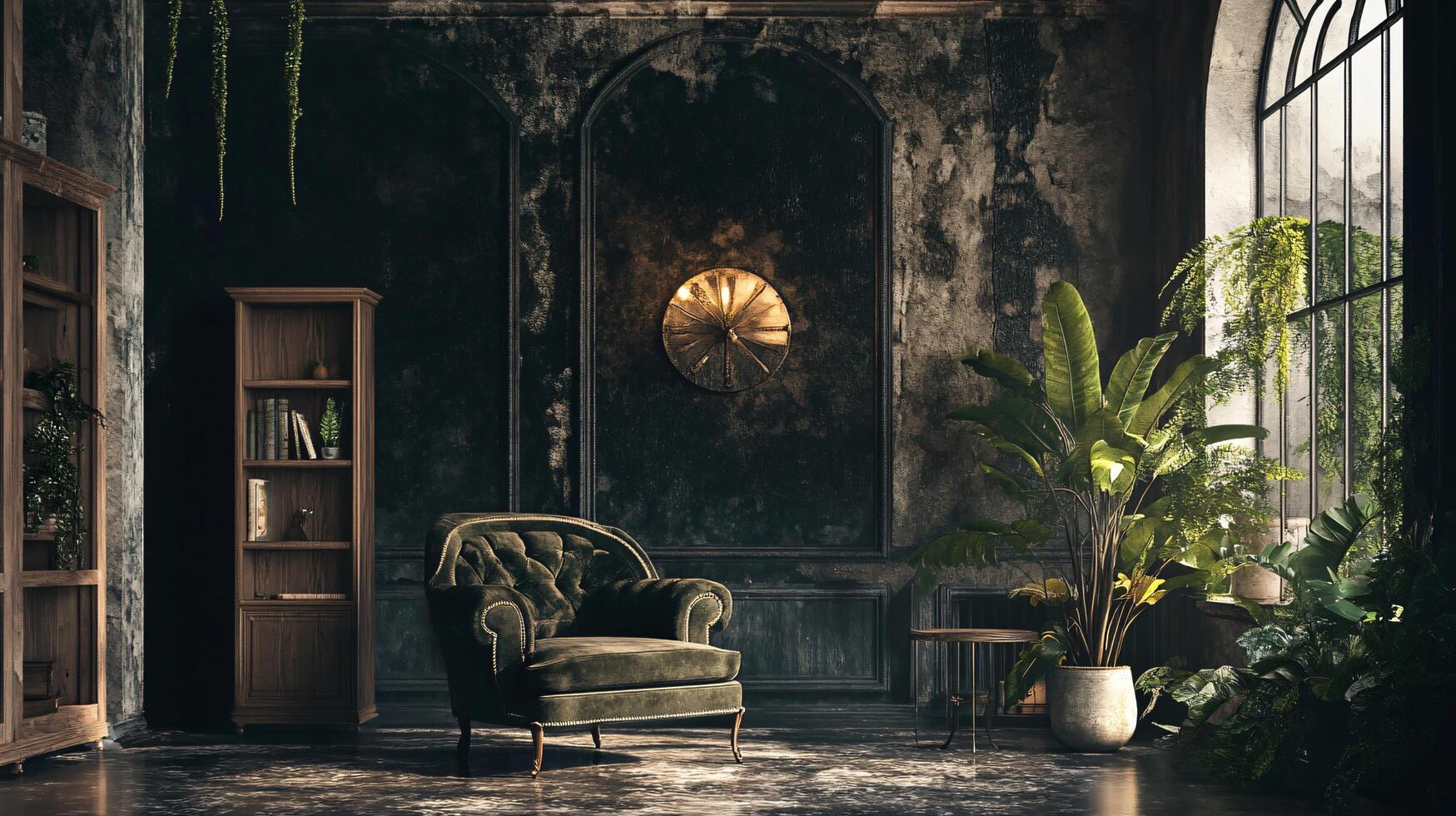 A room with a green chair and a clock on the wall photo