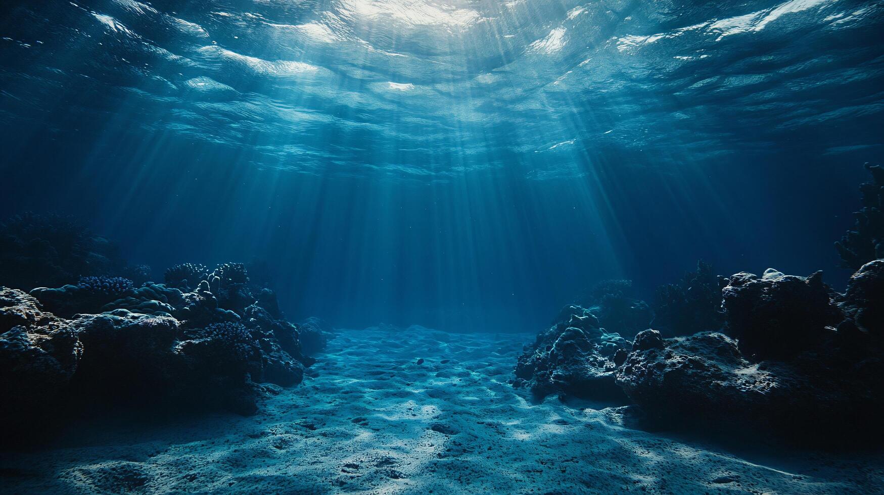A deep blue ocean with sunlight shining through the water photo