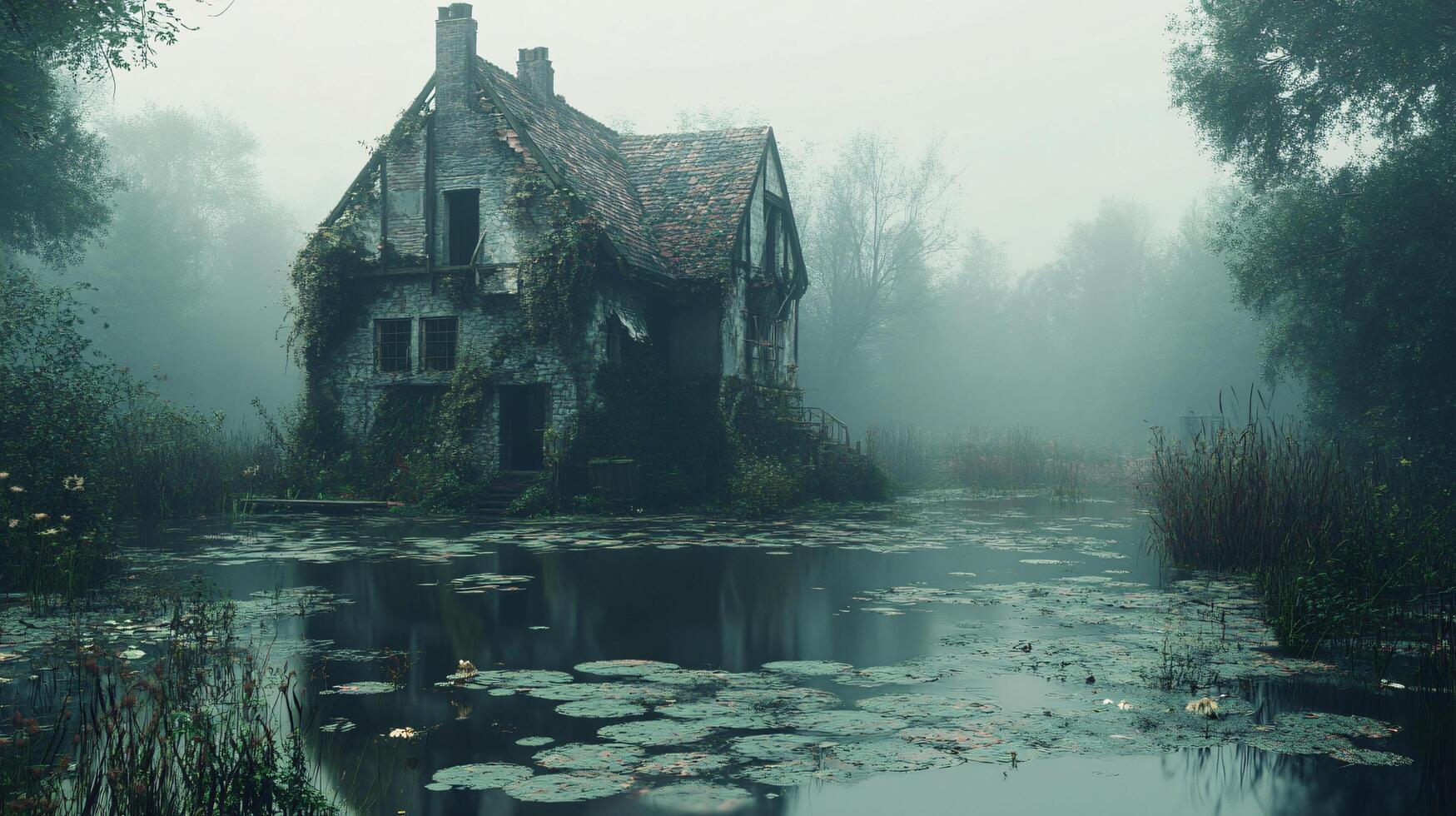 A house is surrounded by a pond and trees photo