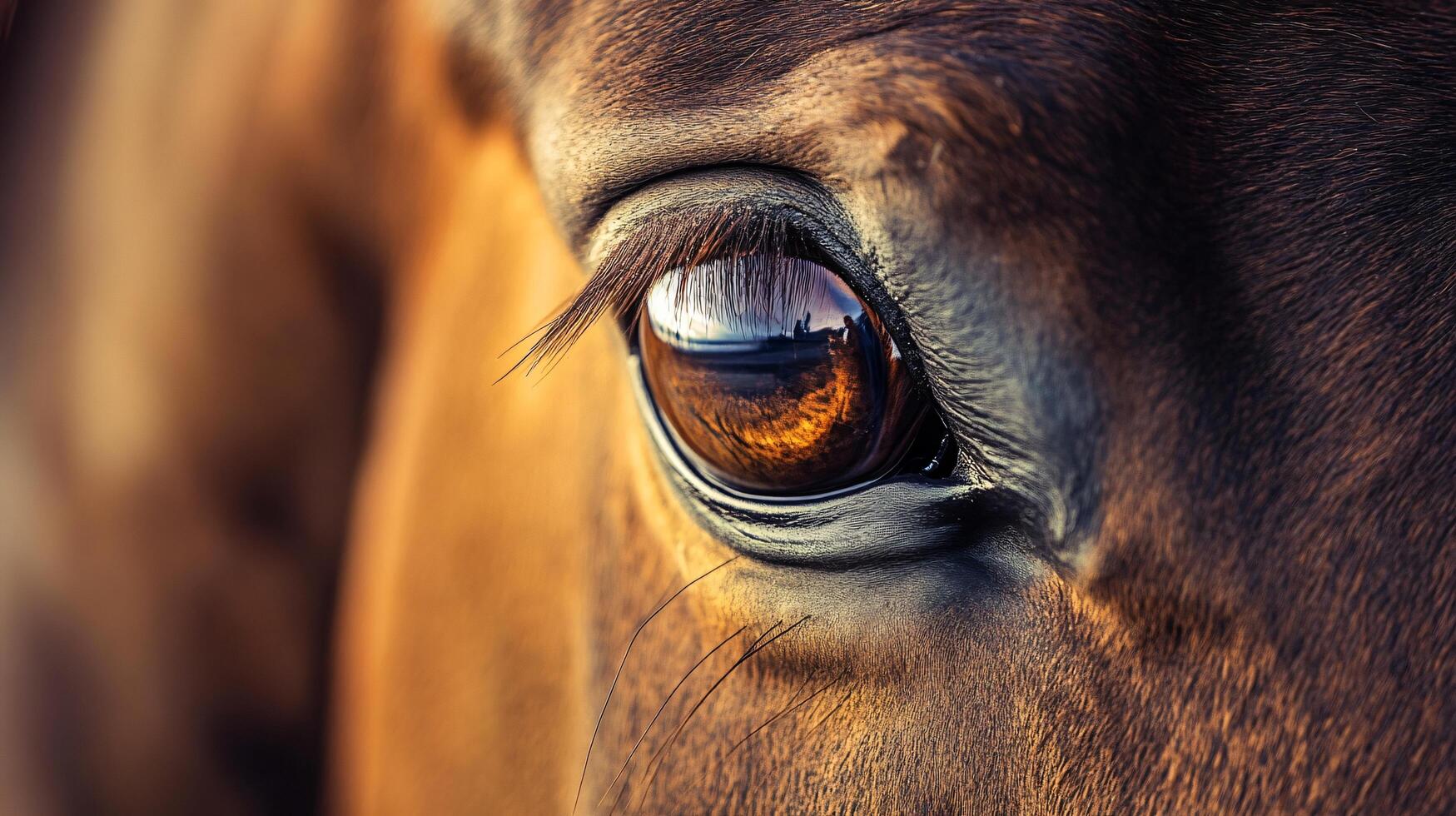 A close up of a horse's eye with a reflection of the sky in the water photo