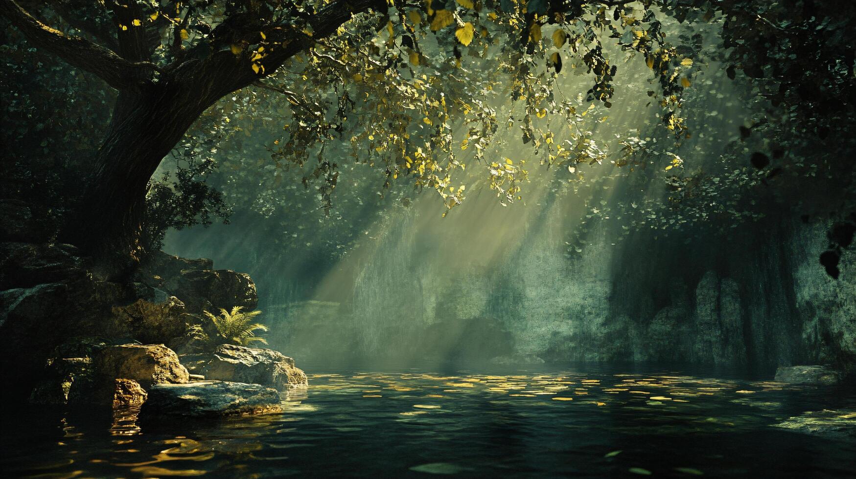 A forest scene with a tree in the foreground photo