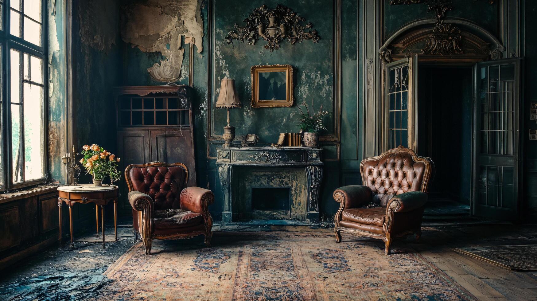 A room with a fireplace and two leather chairs photo