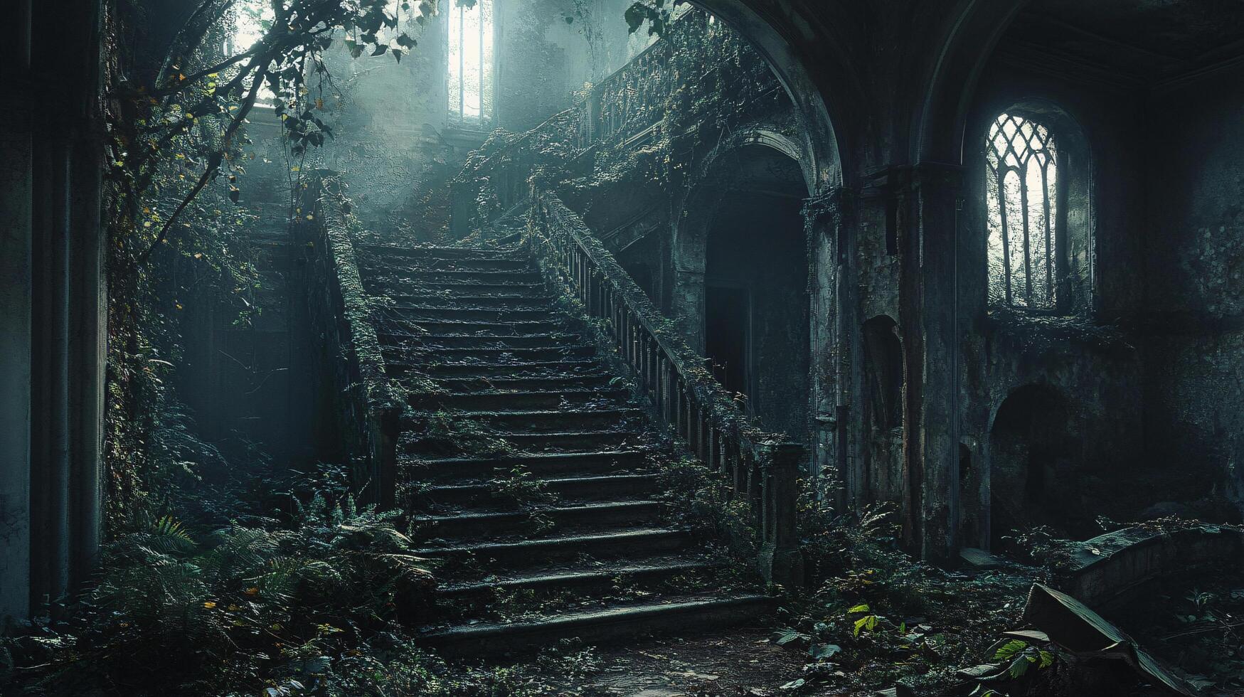 A dark, abandoned building with a staircase leading up to it photo