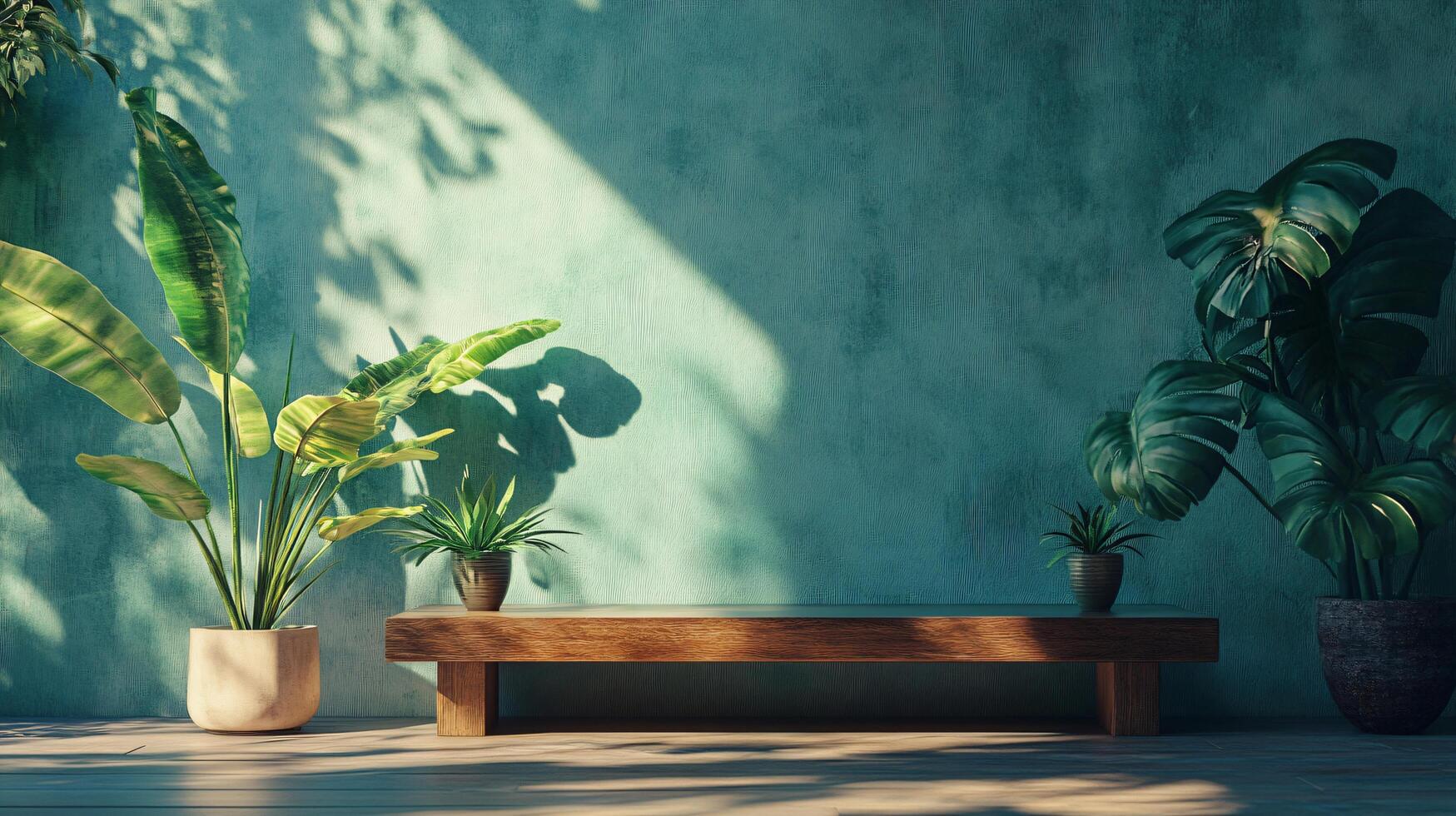 A room with a green wall and a wooden bench with two potted plants on it photo