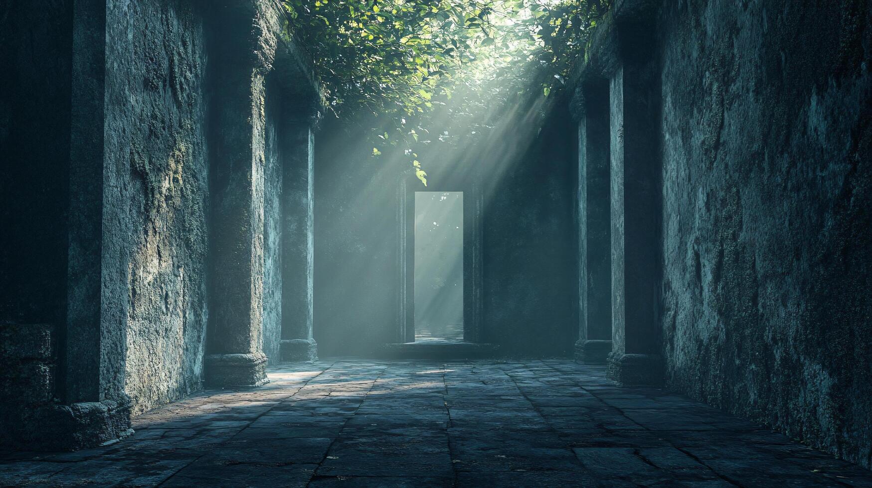 A dark, narrow hallway with a large open doorway photo