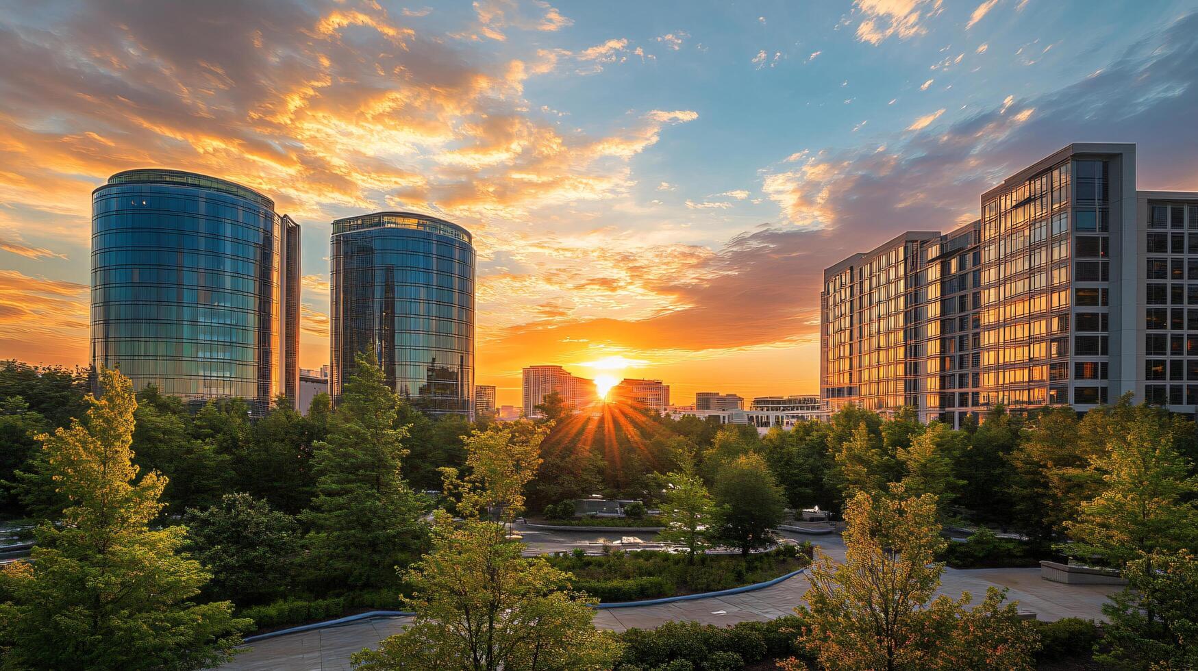 A city skyline with a beautiful sunset in the background photo