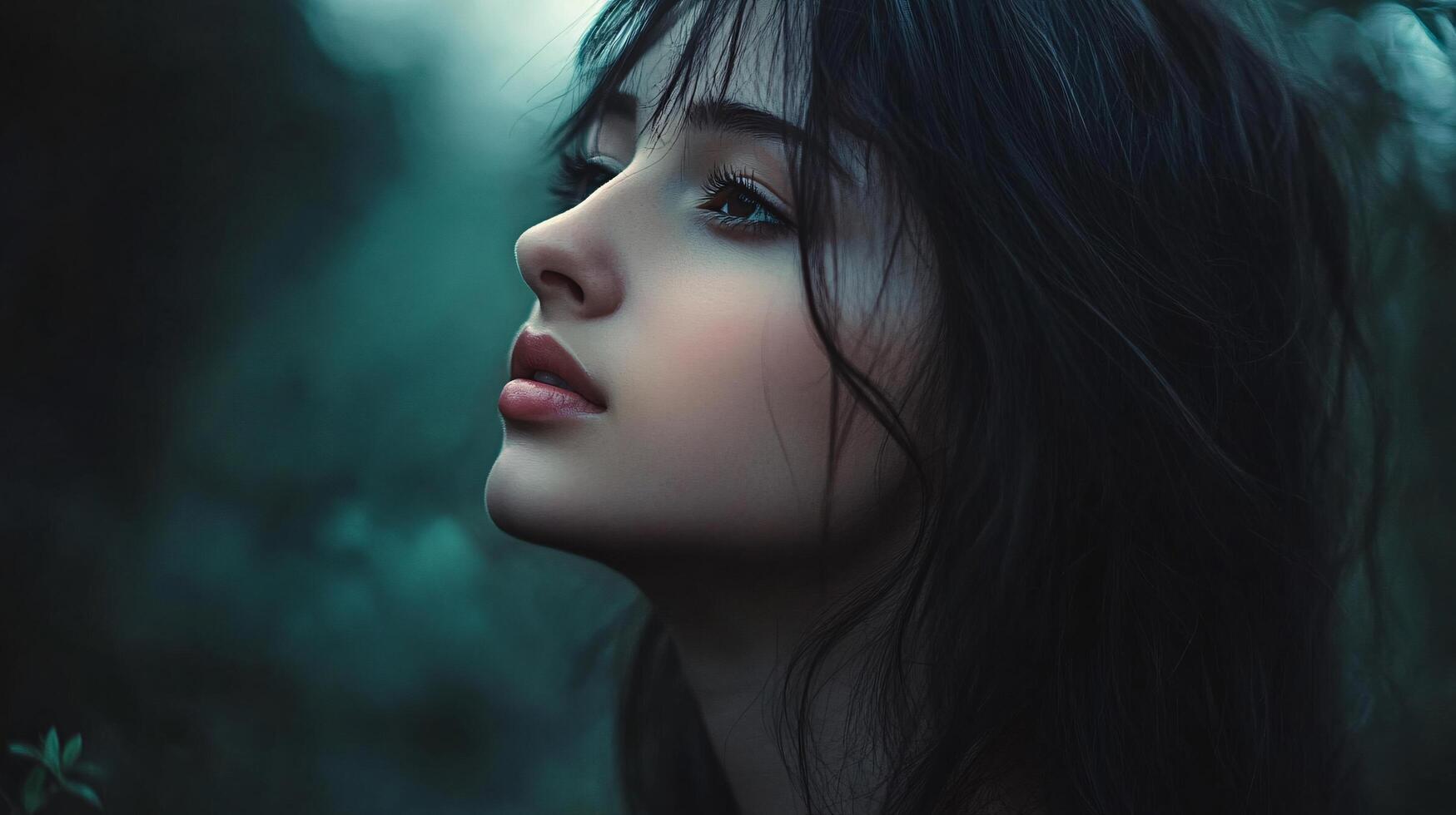 A woman with long dark hair and a serious expression photo
