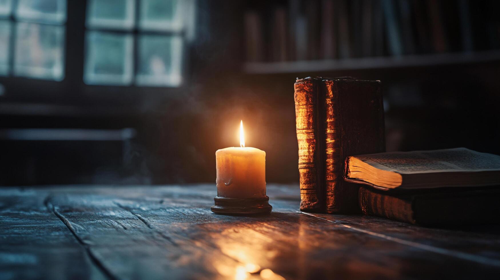 A candle is lit on a table next to two books photo