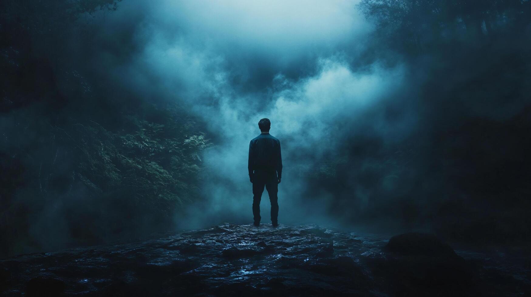 A man stands in the middle of a forest, looking up at the sky photo