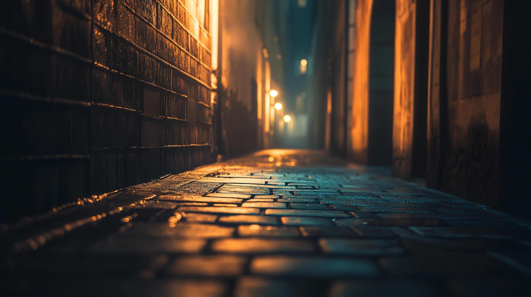 A dark alleyway with a brick sidewalk and a wet, shiny surface photo