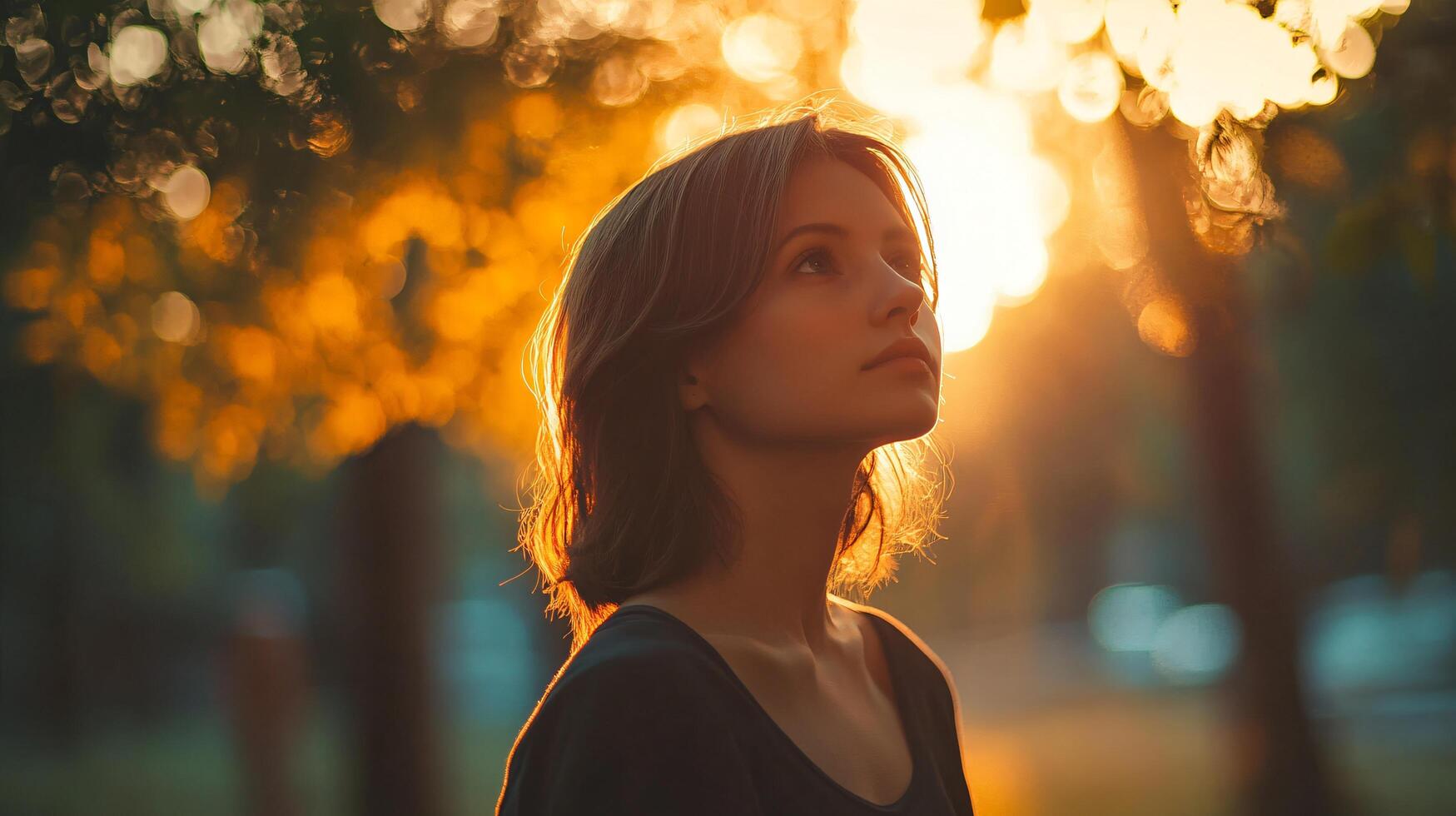 A woman is standing in a park, looking up at the sun photo