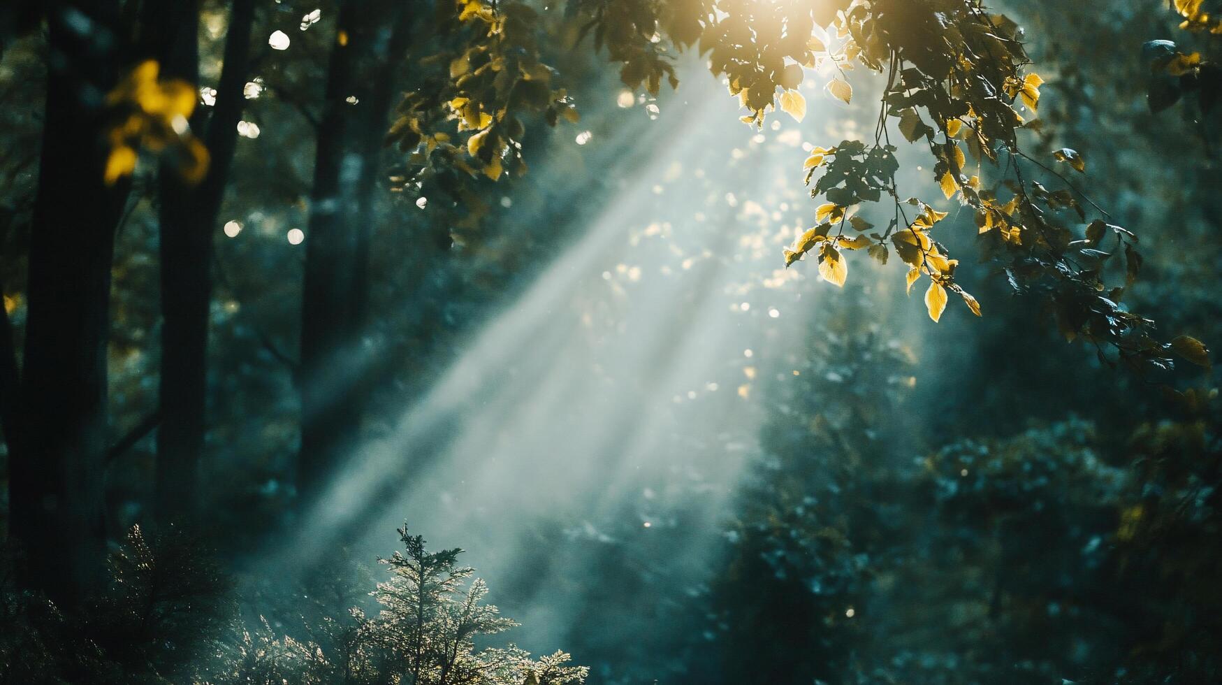 A forest with sunlight shining through the trees photo