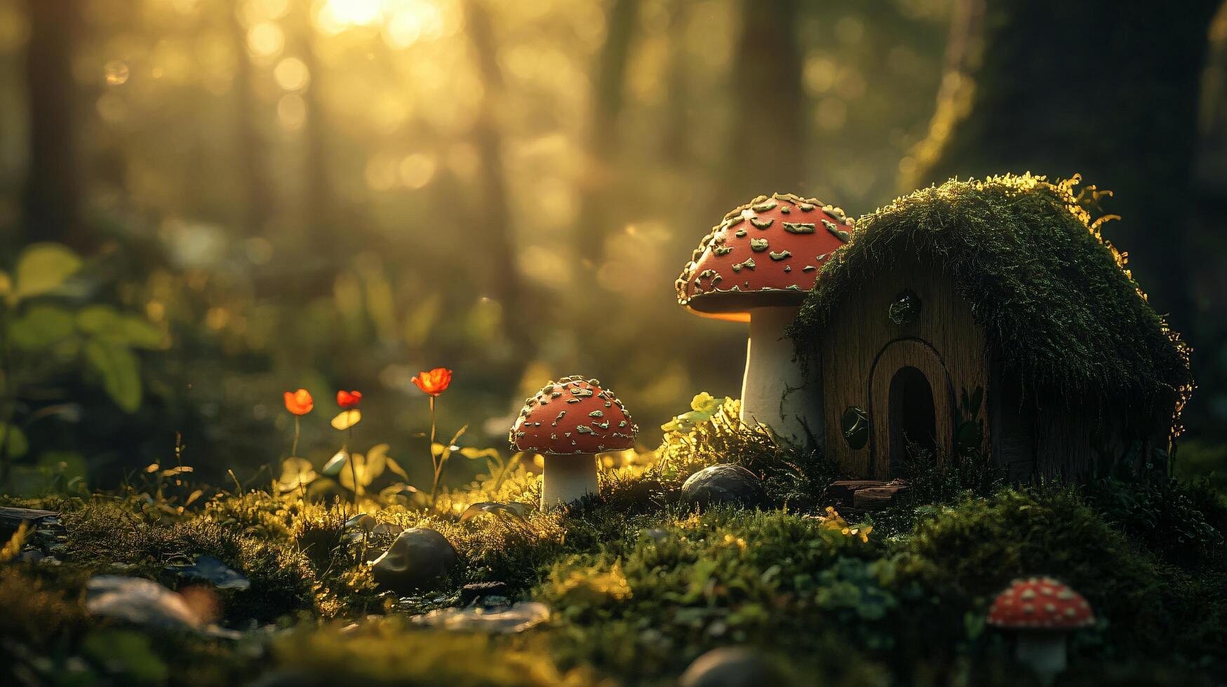 A small house made of mushrooms sits in a forest photo