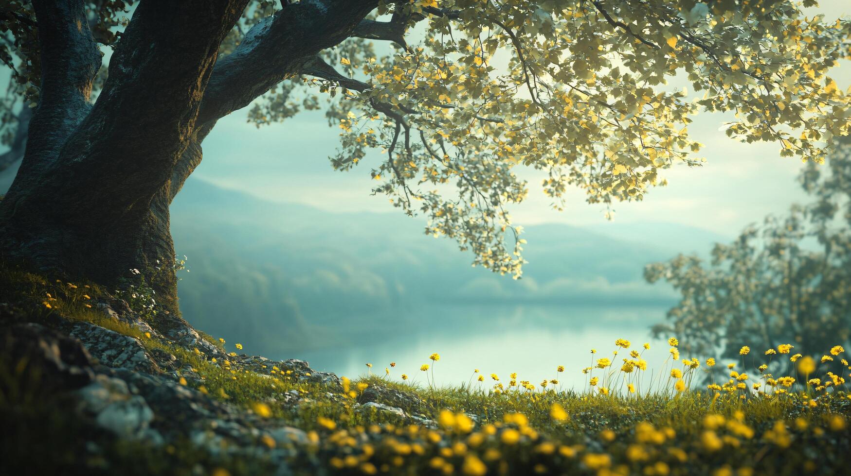 A tree is in the foreground of a field with a body of water in the background photo