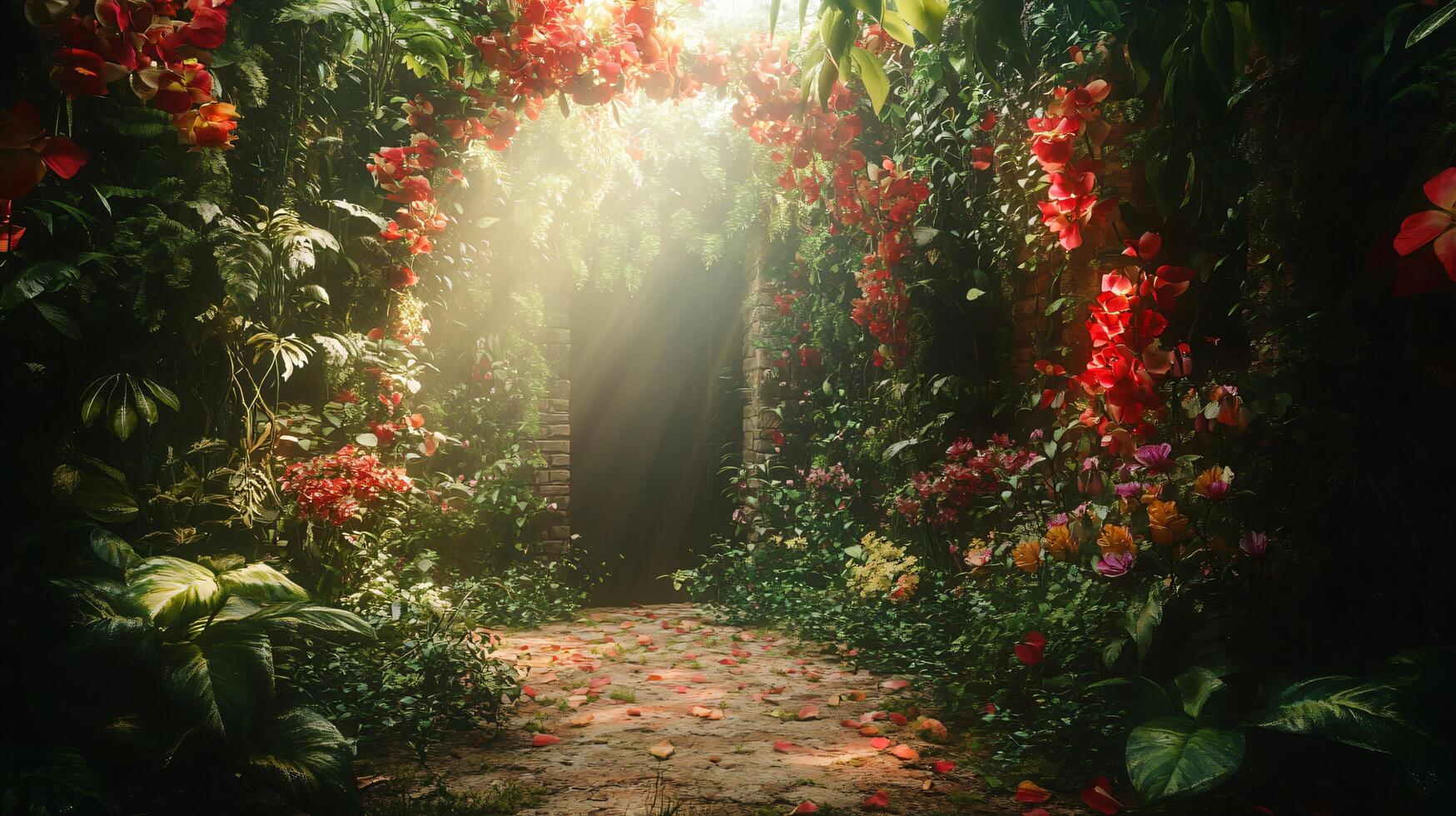 A lush green forest with a red archway leading through it photo
