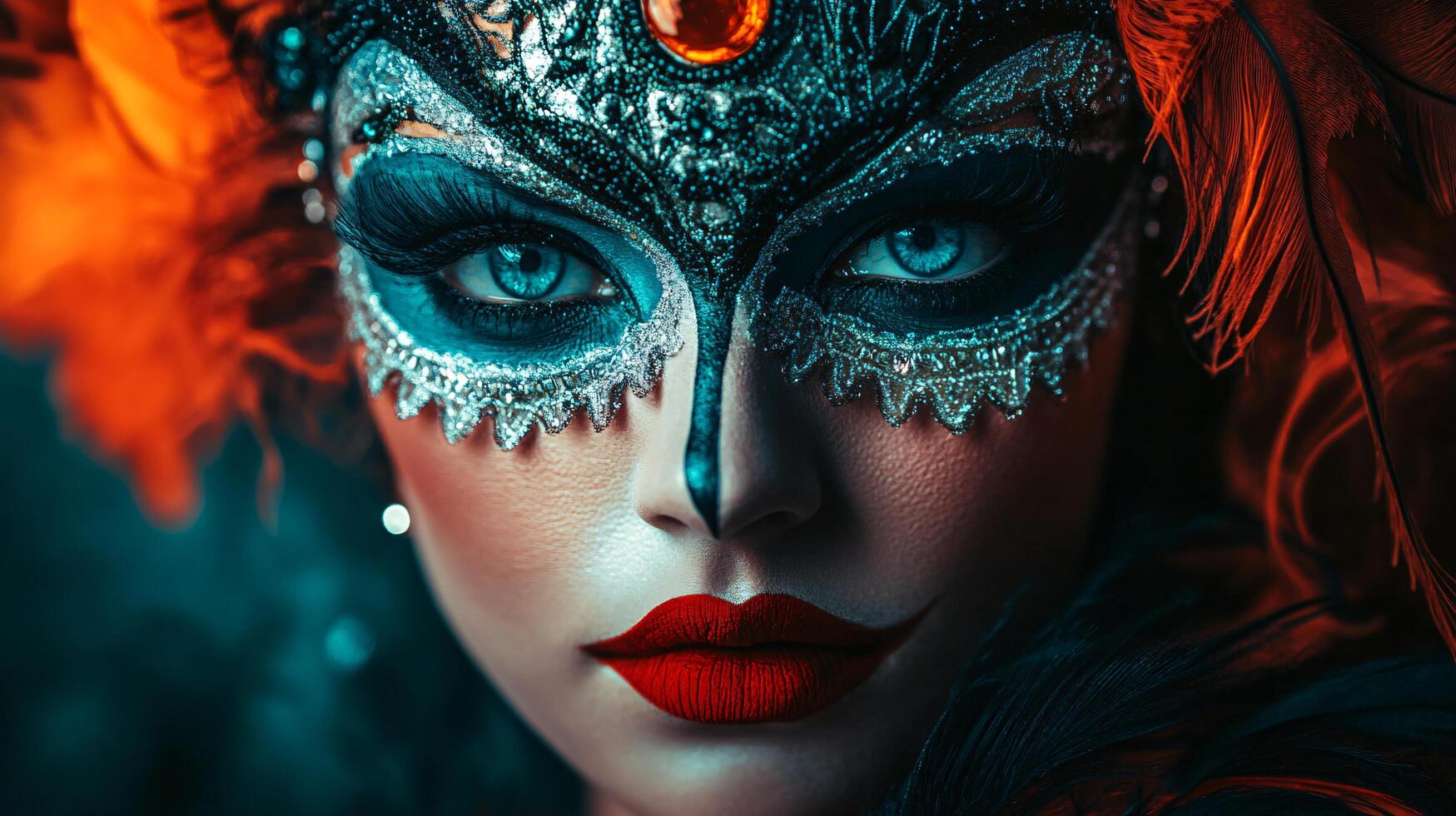 A woman with a mask on her face and red lips photo