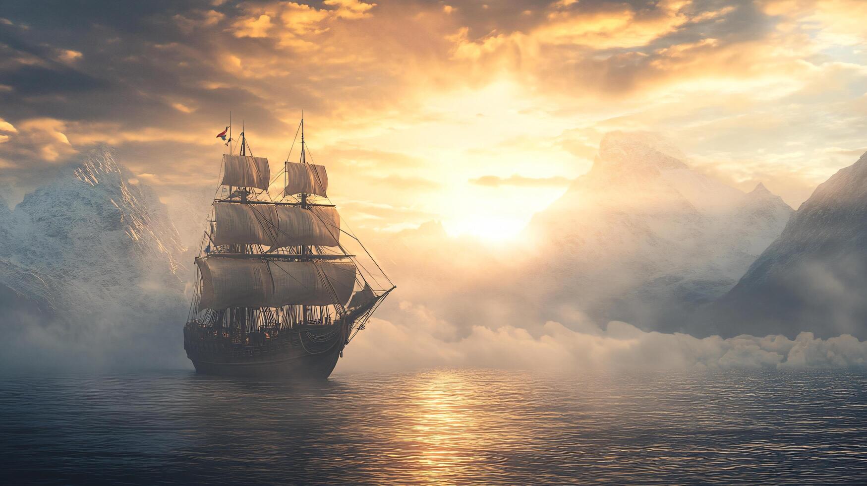 A large ship sails through a foggy sea with a beautiful sunset in the background photo