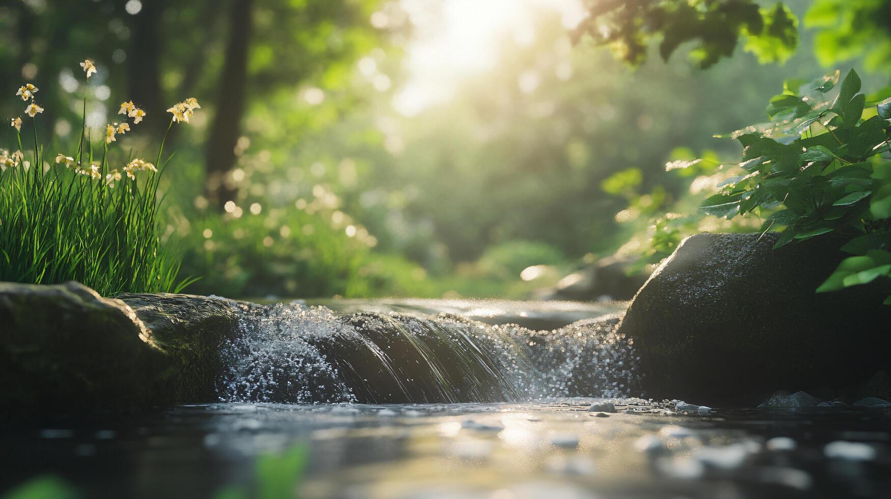 A stream of water flows over a rock in a lush green forest photo