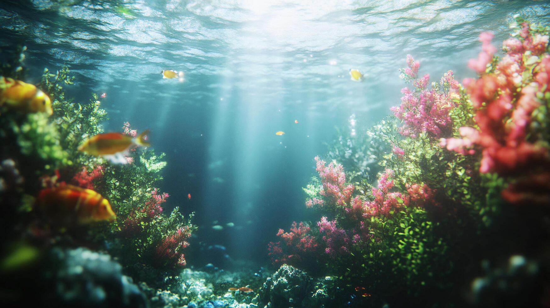 A colorful underwater scene with fish swimming in the foreground photo