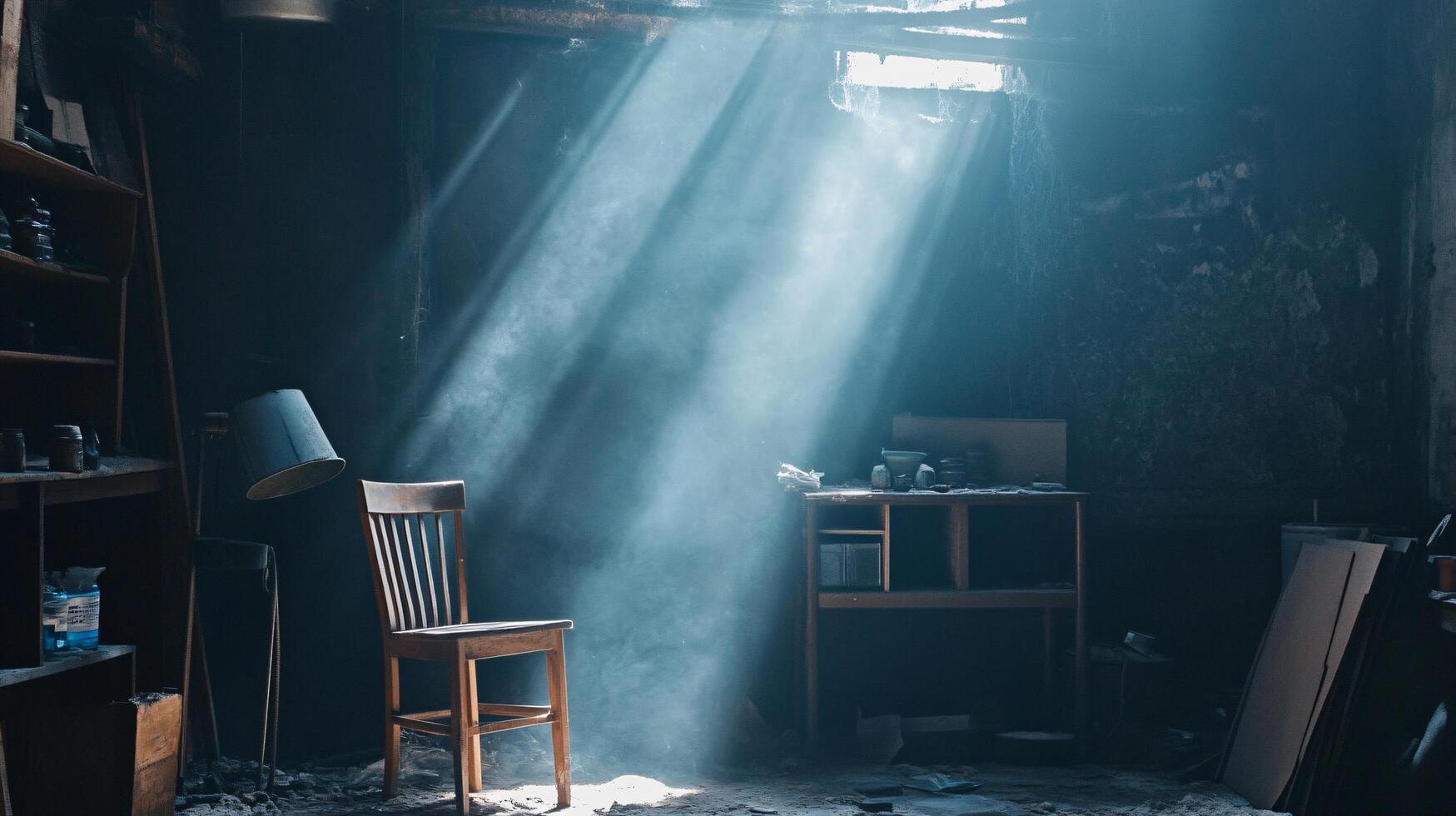 A chair is sitting in a room with a window photo