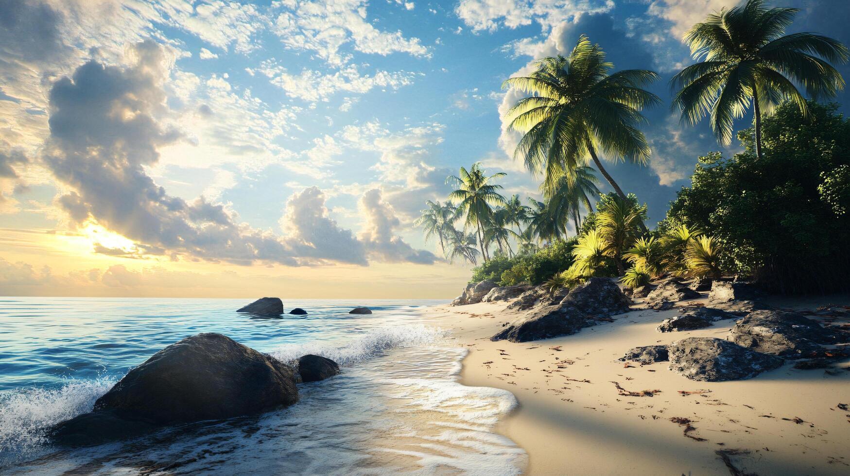 A beautiful beach scene with palm trees and a rocky shore photo