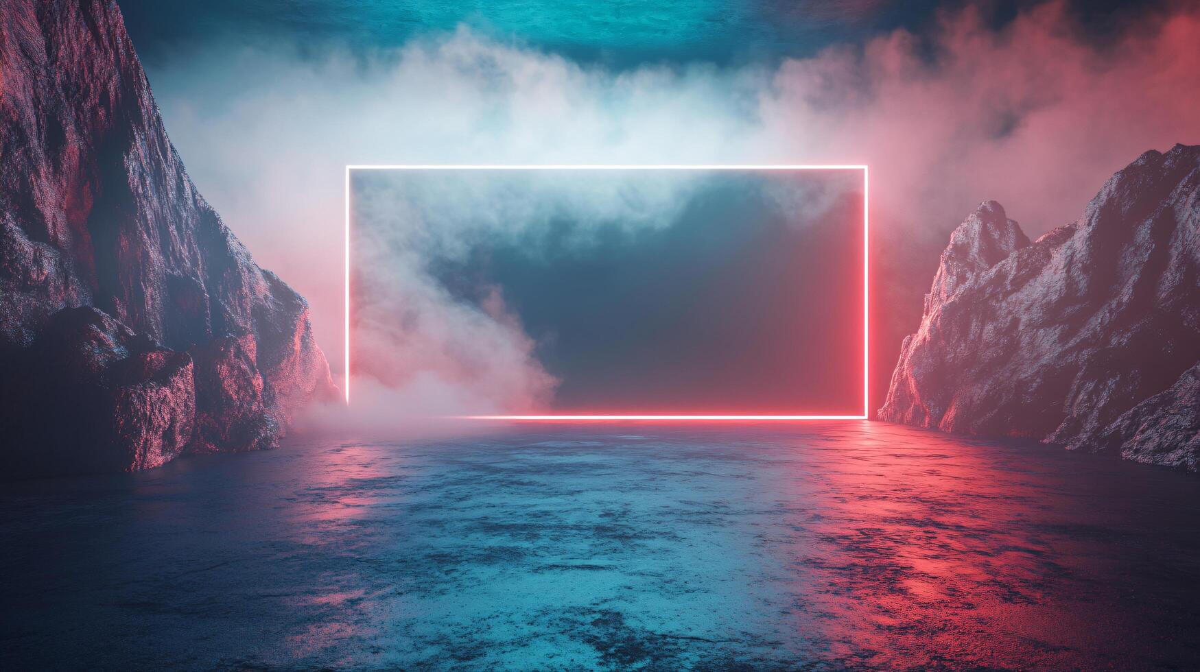 A large, red and blue lighted square is in the middle of a blue photo