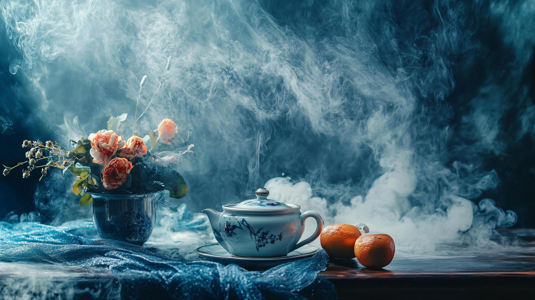 A vase of flowers sits on a table next to a teapot and two oranges photo