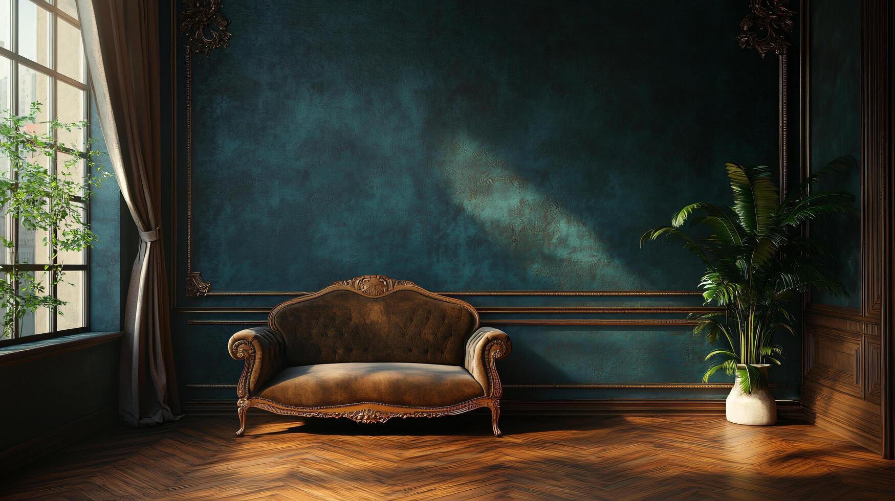 A large room with a couch and a plant photo