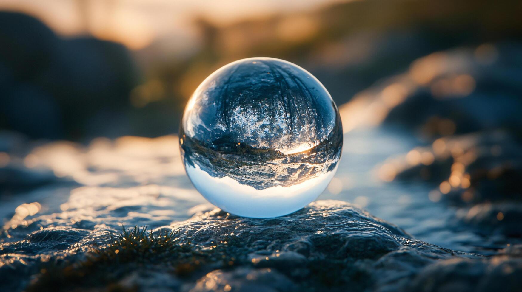 A clear glass ball is sitting on a rock in the water photo