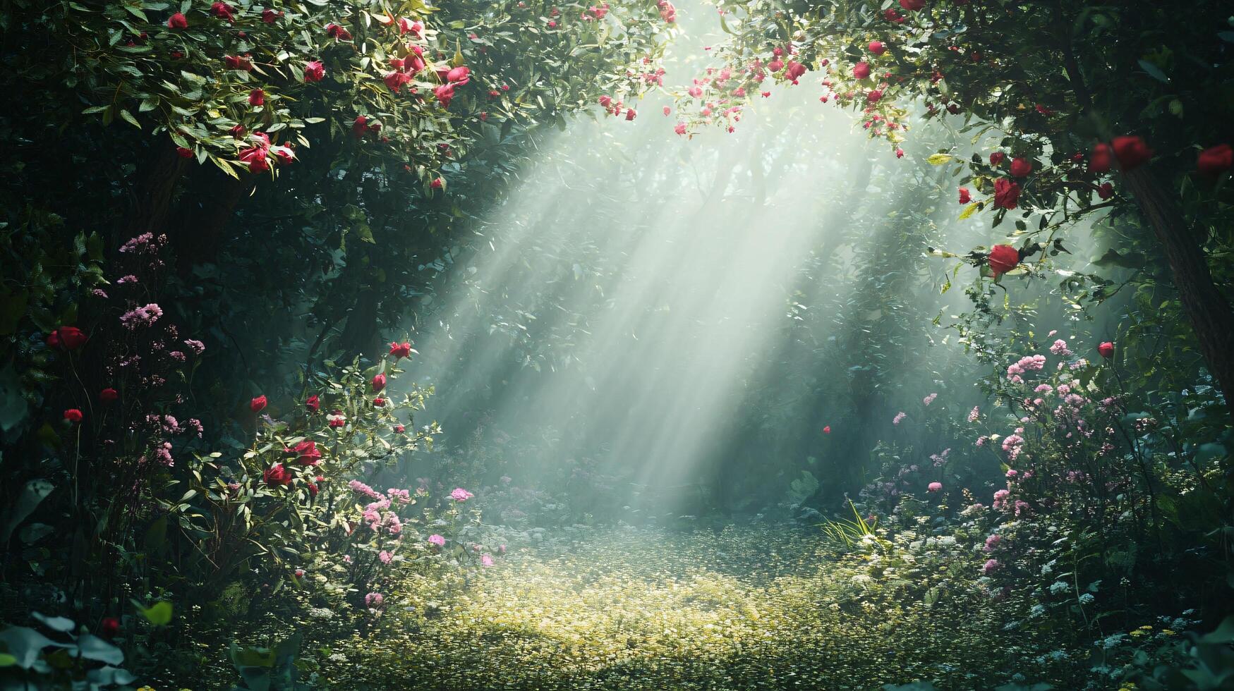 A forest with a path through it and a lot of pink flowers photo