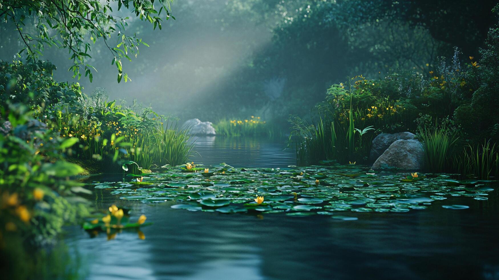 A serene and peaceful scene of a pond with lily pads and trees in the background photo