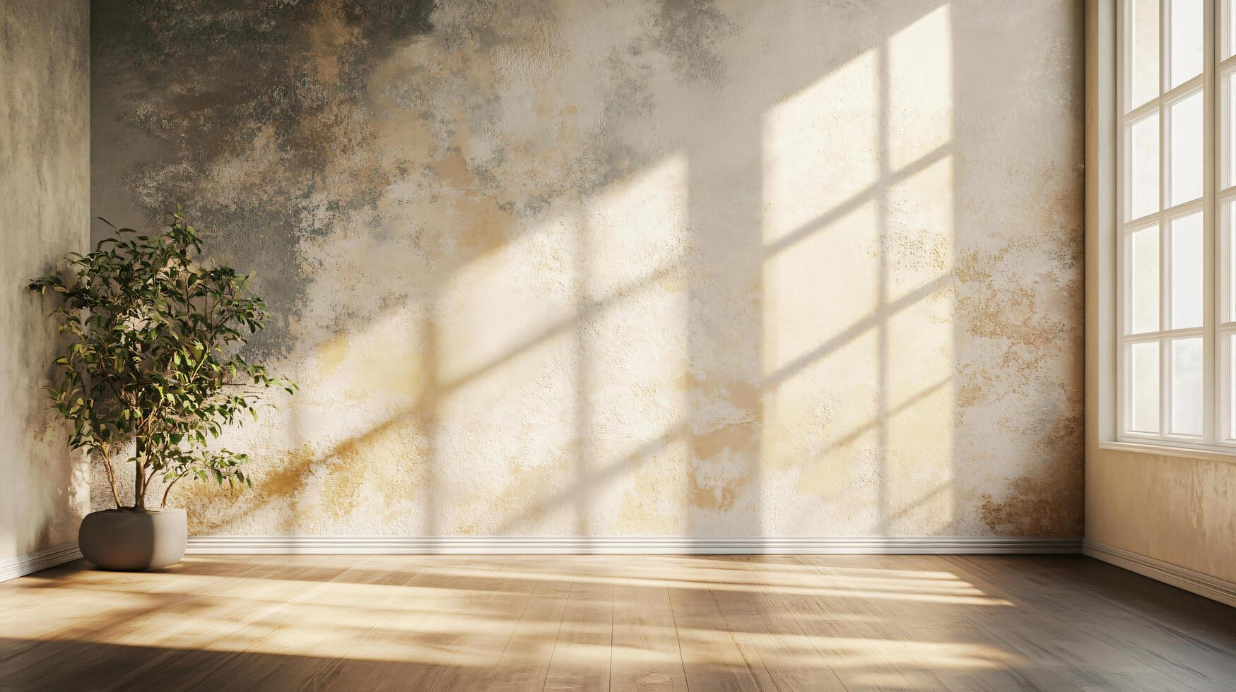 A large empty room with a window and a plant photo