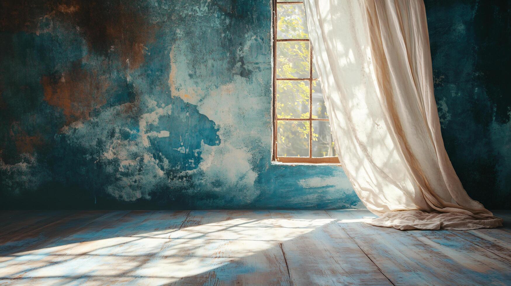 A window with a white curtain is open, letting in sunlight photo