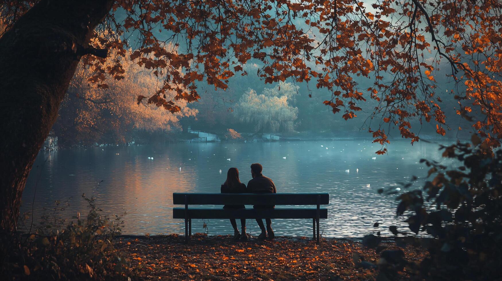 A couple is sitting on a bench by a lake, enjoying the peaceful scenery photo