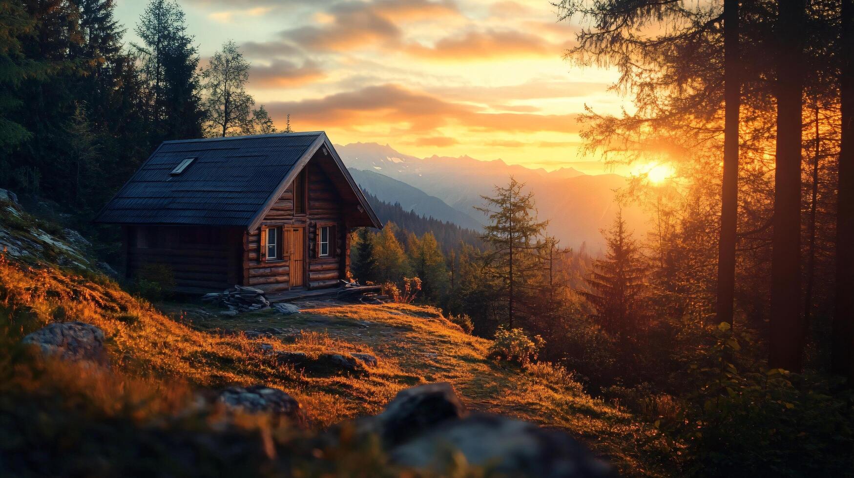 A cabin in the woods with a view of the mountains and a sunset photo