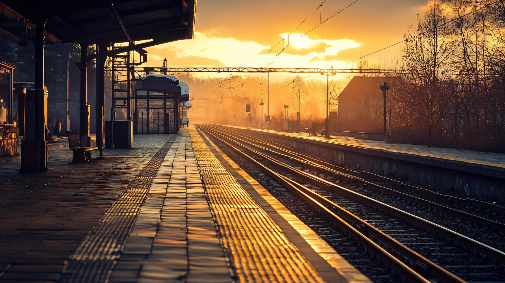 A train station with a train in the distance photo
