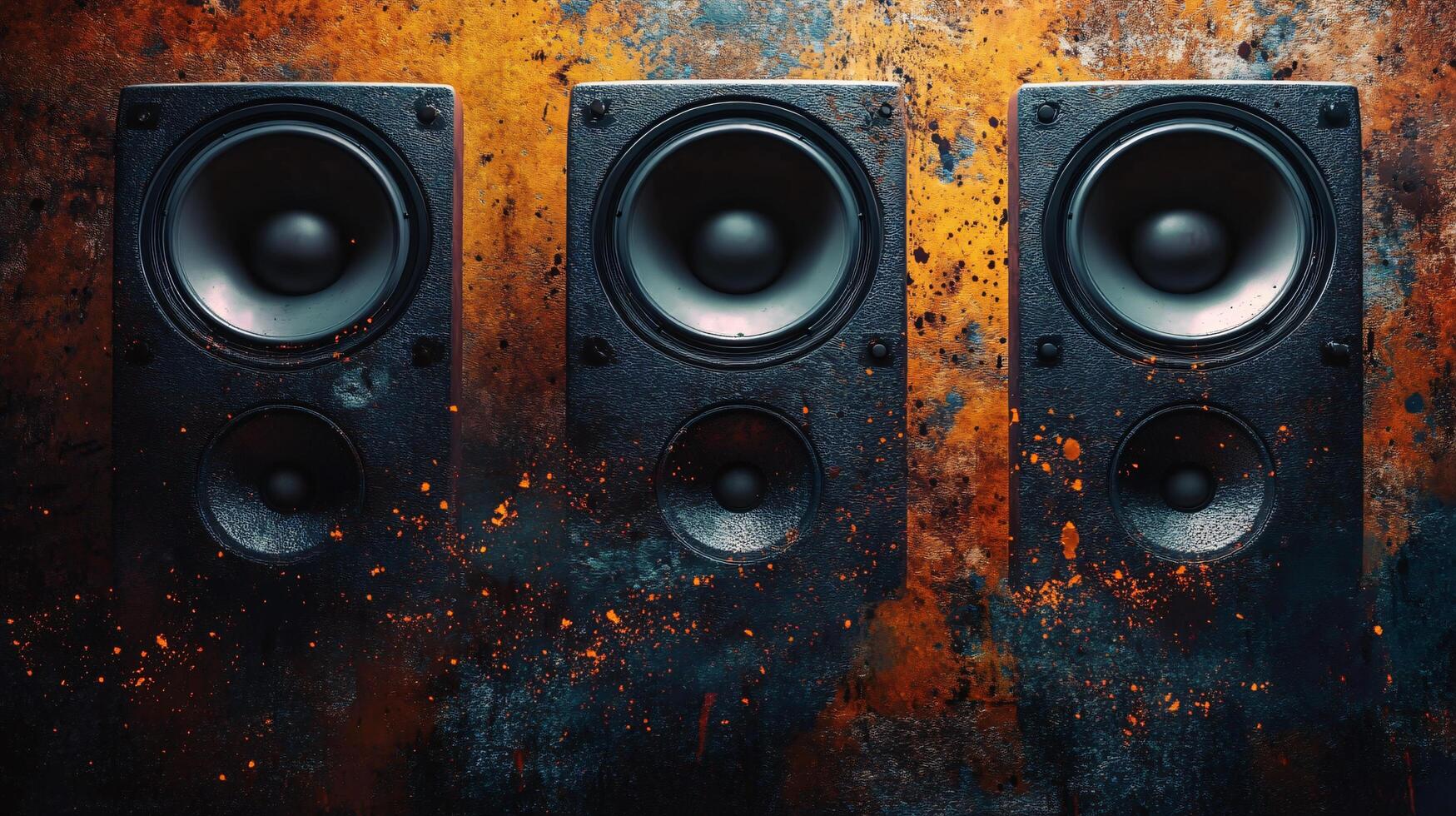 Three black speakers are on a wall with orange splatter photo