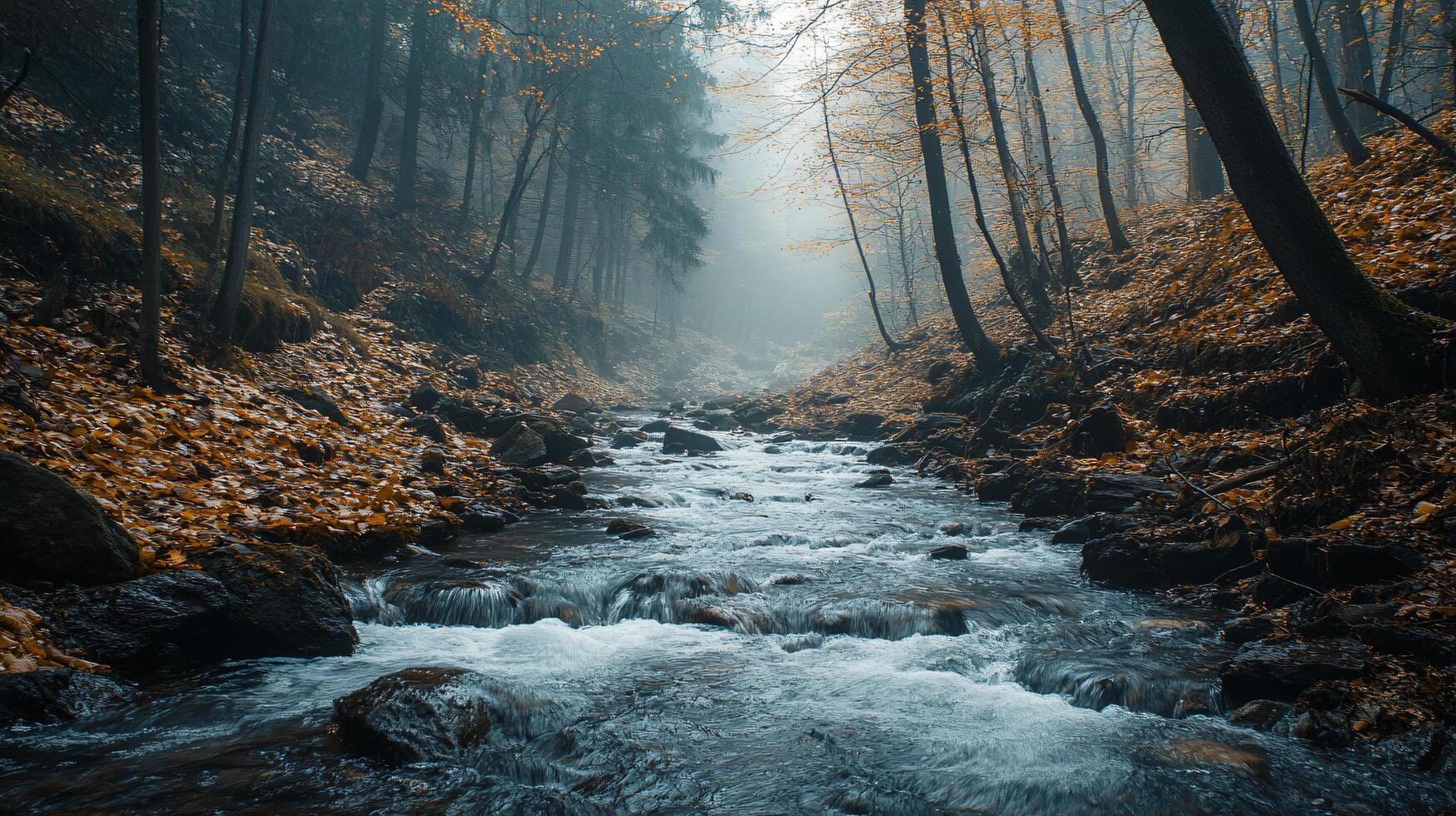 A stream of water flows through a forest photo