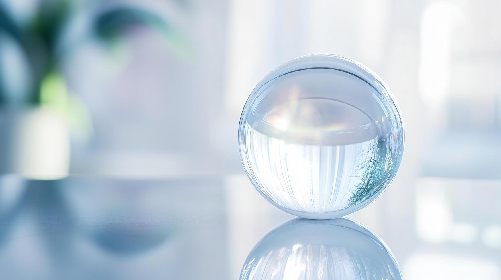 A clear glass ball sits on a table photo