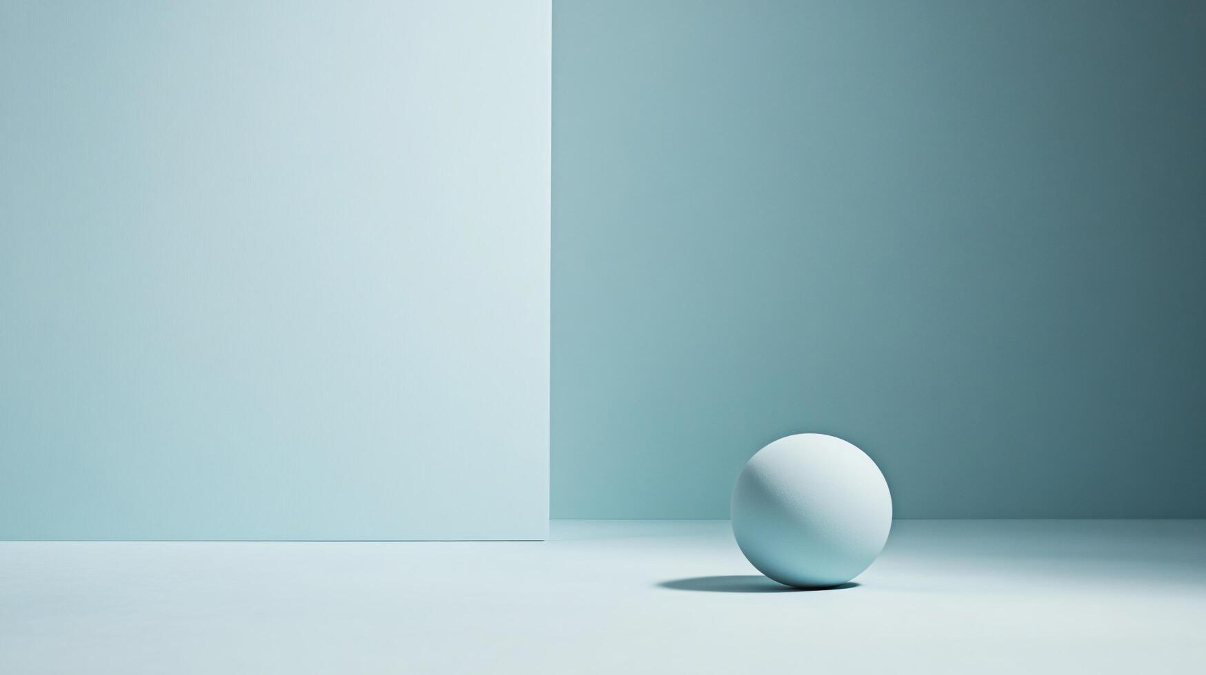 A white egg is sitting on a table in front of a blue wall photo