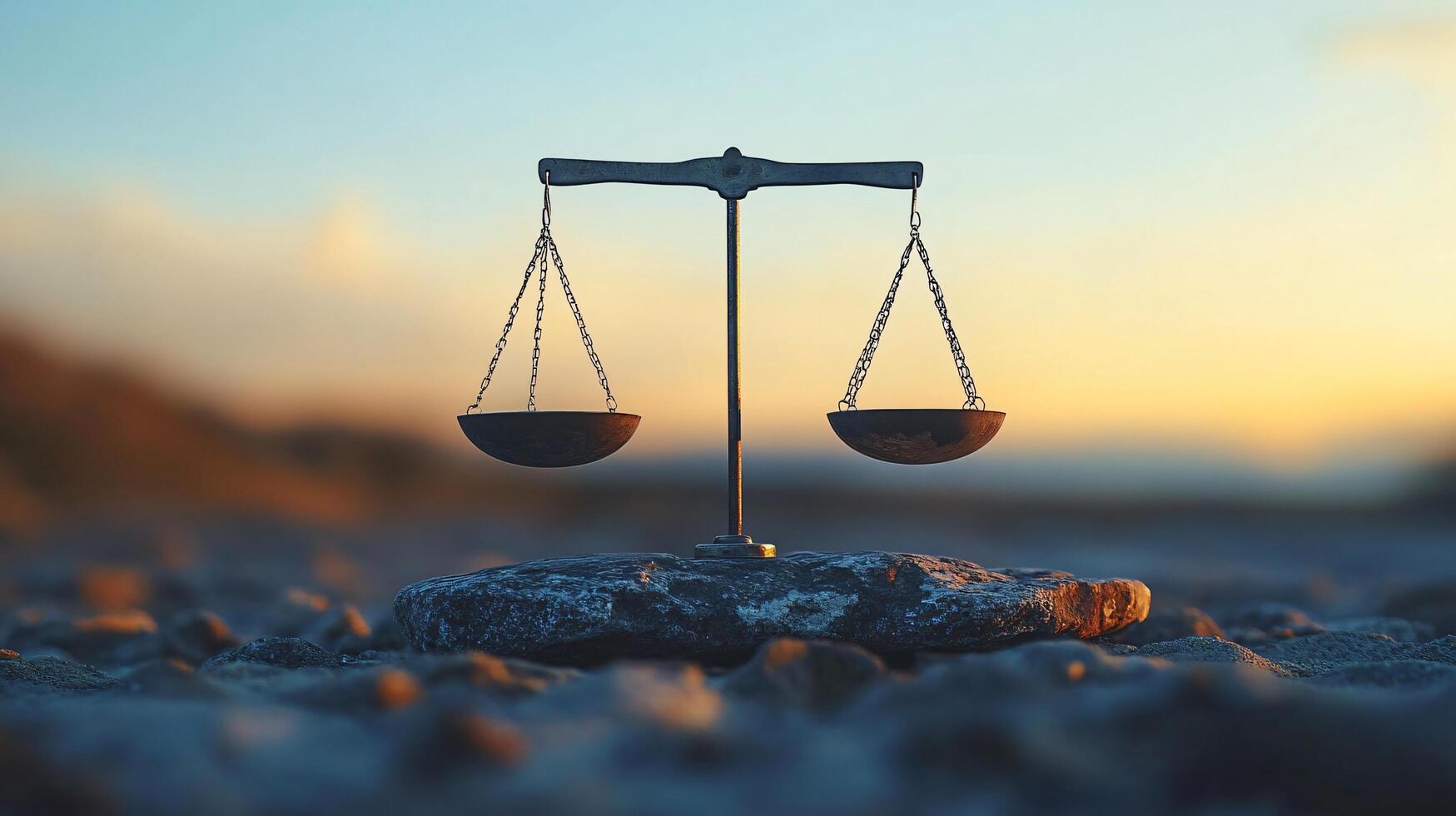 A scale is suspended in the air with a rock on each side photo