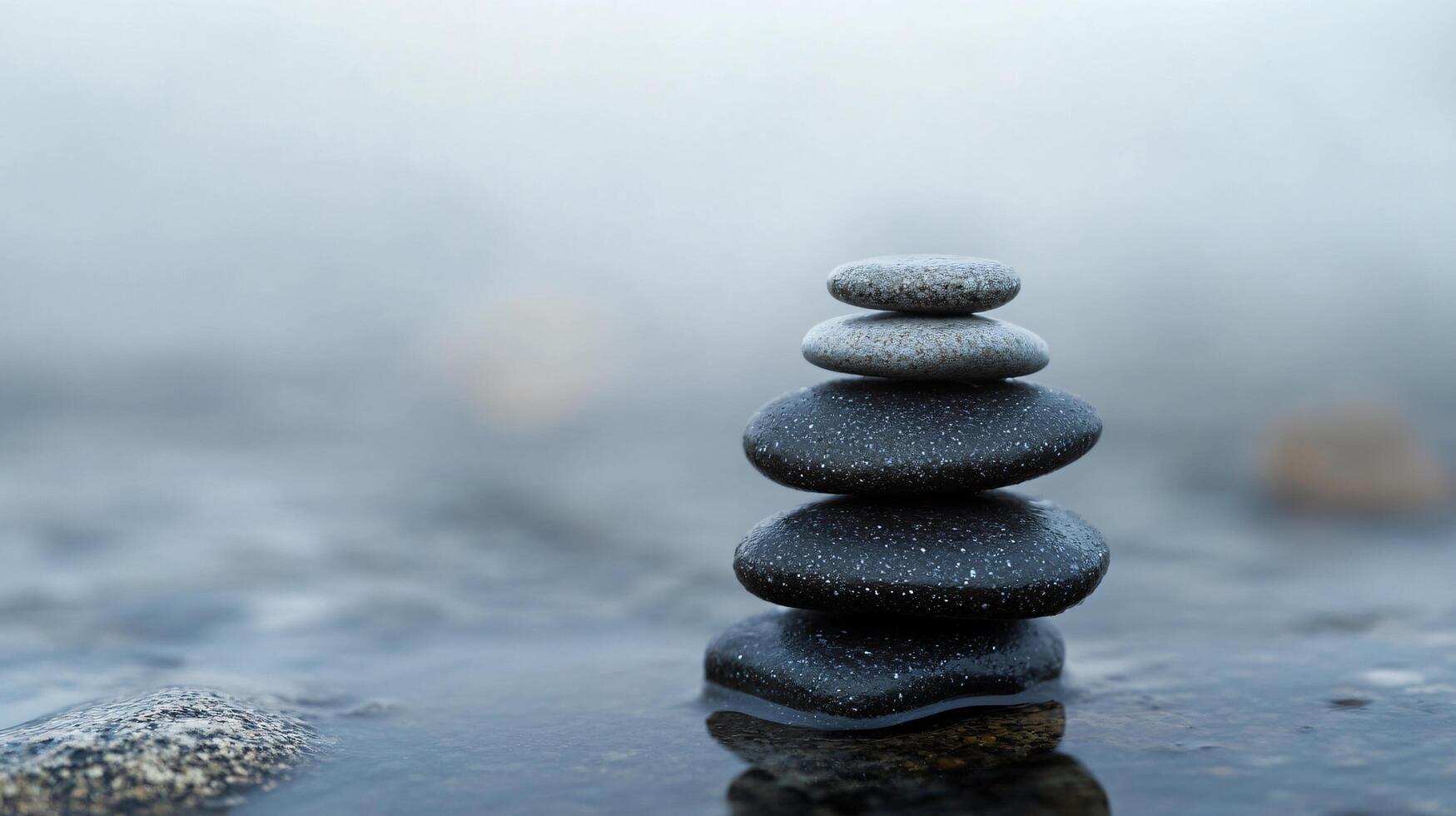 A stack of rocks on a body of water photo